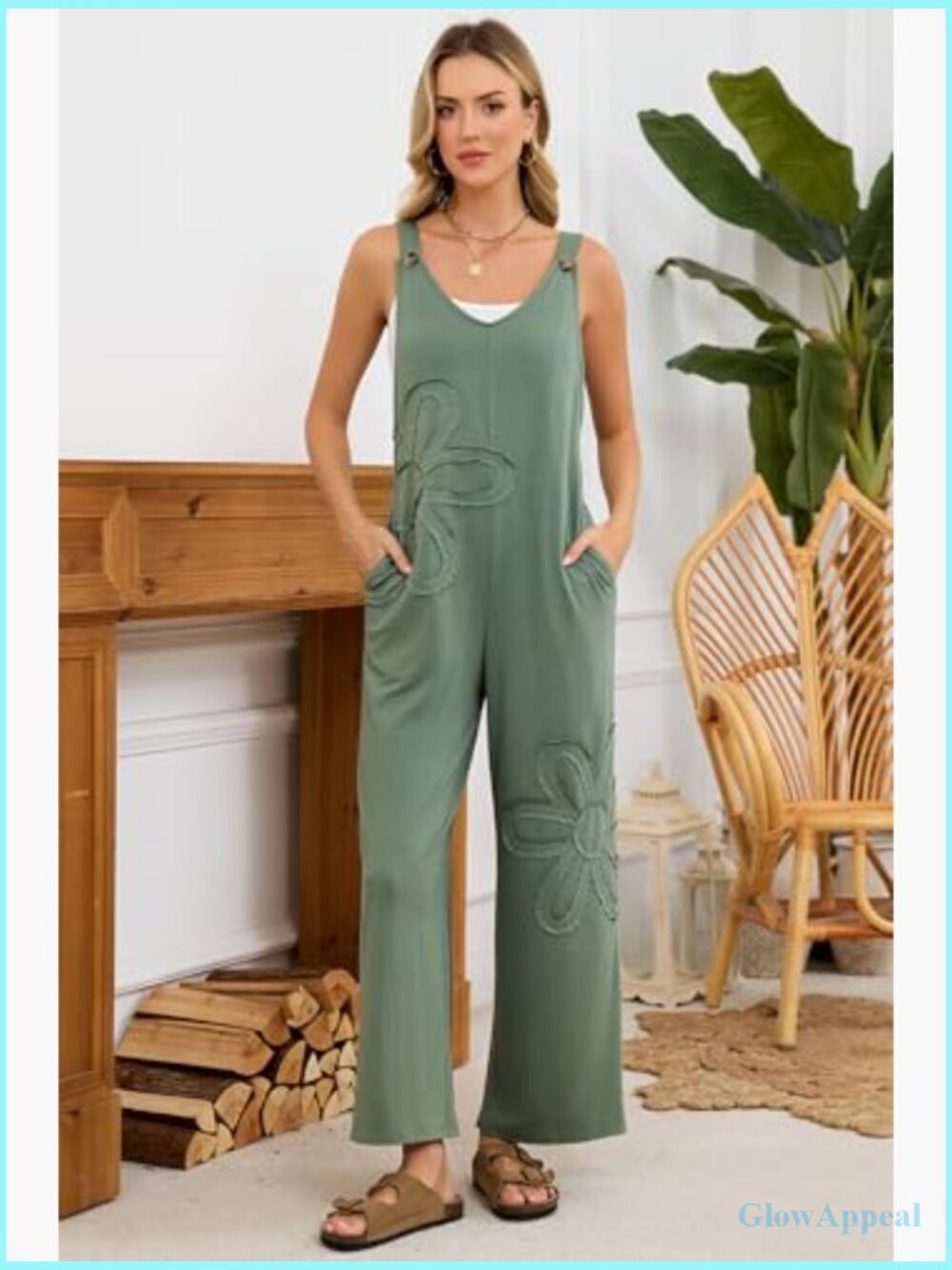 Baggy Wide Leg Jumpsuit Floral Pockets Loose Sleeveless Romper - Picture 4 of 7